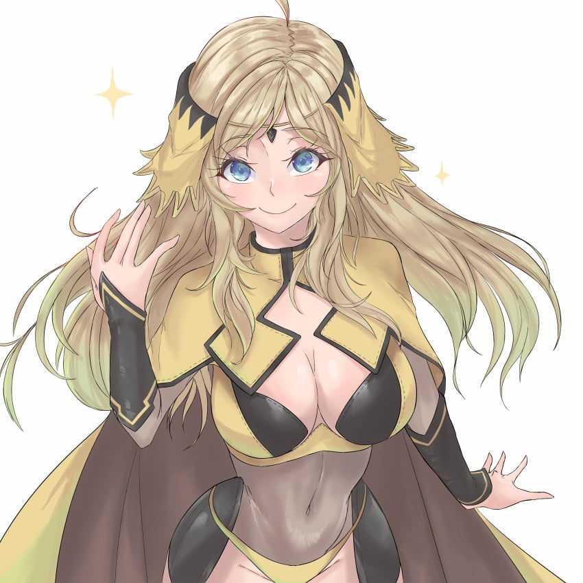 1girls absurdres ahoge bare_thighs black_bridal_gauntlets blonde_hair blue_eyes bodystocking breasts calmgreentori cape circlet cleavage closed_mouth commentary female female_only fire_emblem fire_emblem_fates highres inner_thighs large_breasts long_hair navel nintendo ophelia_(fire_emblem) panties simple_background smile solo teenager thighs underwear white_background yellow_cape yellow_panties