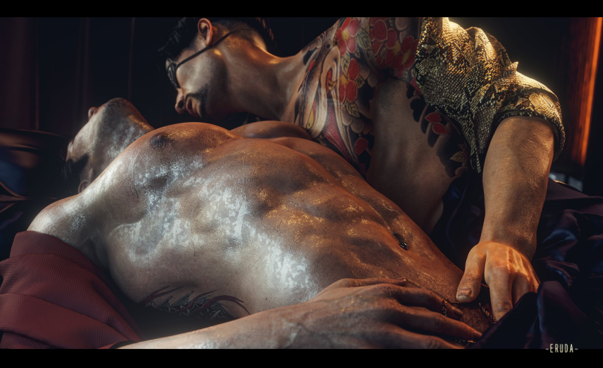 2boys 3d 3d_model chest_tattoo eruda_rgg eye_patch eyepatch foreplay gay irezumi kiryu_kazuma like_a_dragon_(series) majima_goro male passionate rgg_studio ryuu_ga_gotoku sega tattoos yakuza yakuza_(series) yaoi