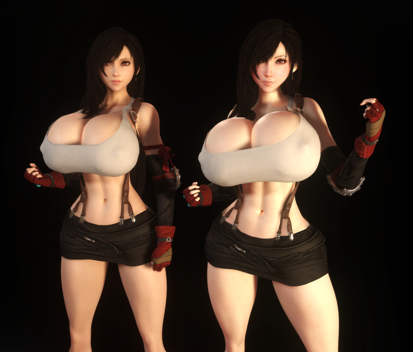 2girls 3d 3d_(artwork) abs alternate_breast_size black_hair black_shorts boob_window cleavage female female_only final_fantasy final_fantasy_vii fingerless_gloves gigantic_breasts gloves hair_over_one_eye hourglass_figure huge_breasts long_hair looking_at_viewer midriff multiple_girls nipples_visible_through_clothing overboob red_eyes short_shorts shorts small_waist thighs thin_waist tifa_lockhart top_heavy vaako wide_hips