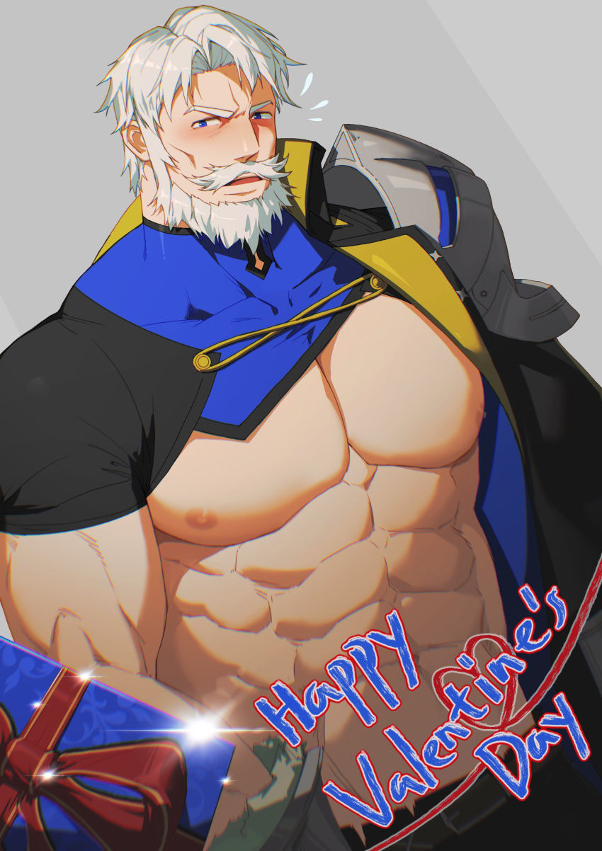 bara beard blush facial_hair fire_emblem fire_emblem_engage male male_only muscles muscular nintendo present sangewenhaox solo solo_male valentine's_day vander_(fire_emblem) white_hair