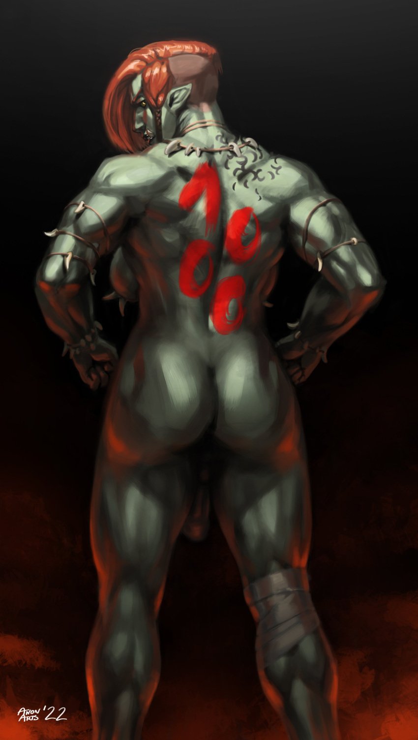 1futa anonarts back back_view balls big_breasts big_penis breasts dickgirl flaccid futa_only futanari grozza_(anonarts) humanoid looking_back muscular muscular_futanari naked naked_futanari orc orc_futanari short_hair solo standing tomboy