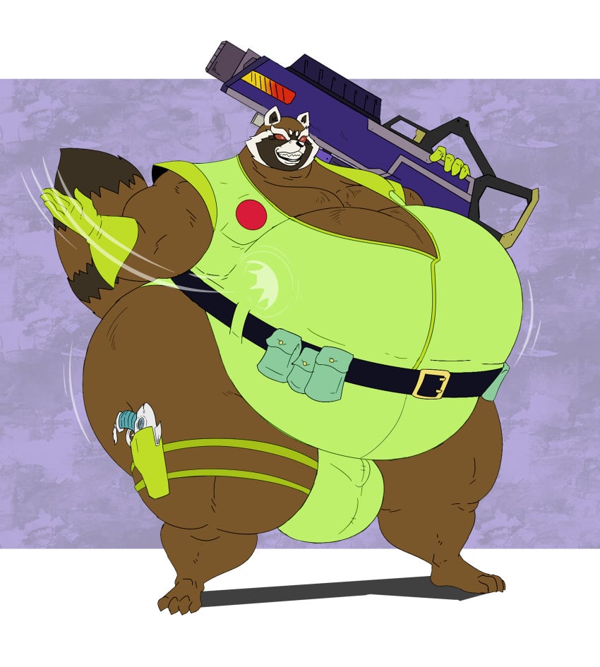 2023 4_toes 5_fingers a-side anthro barefoot belly belly_slap belt belt_buckle big_belly big_bulge bulge claws clenched_teeth clothed clothing collaboration fangs fat feet fingers fur gloves guardians_of_the_galaxy gun handgun handwear hi_res holding_object holding_weapon holster holstered_pistol male male_only mammal marvel morbidly_obese morbidly_obese_anthro morbidly_obese_male obese obese_anthro obese_male overweight overweight_anthro overweight_male pistol pouch_(clothing) procyonid raccoon raised_tail ranged_weapon red_eyes riercat rocket_raccoon rocket_raccoon_(original_green_outfit) slap slapping_own_belly slapping_self solo solo_male standing tail teeth thick_thighs toe_claws toes weapon wide_hips