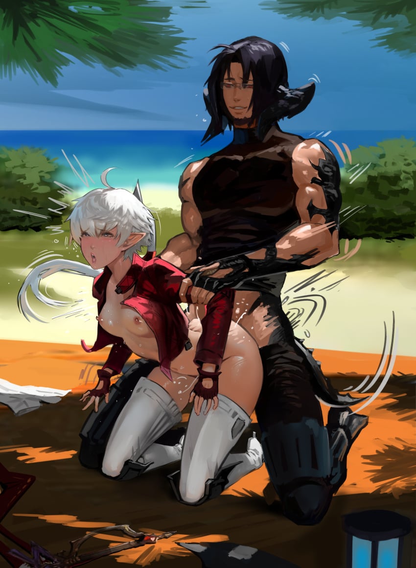 alisaie_leveilleur arms_behind_back arms_held_back au_ra beach breasts clothed_sex clothes_on_floor elezen final_fantasy_xiv from_behind glasses invertoalbedo public ranier_almasy rough_sex sleeveless_shirt