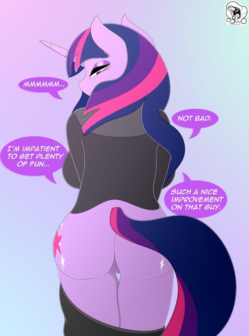 2022 absurd_res after_transformation anthro ass bangs breasts clothing cutie_mark dialogue english_text equid equine female friendship_is_magic fur genitals hair half-closed_eyes hasbro hi_res horn looking_back mammal my_little_pony narrowed_eyes purple_body purple_eyes purple_fur purple_hair purple_tail pussy skyspeardw solo tail text twilight_sparkle_(mlp) unicorn