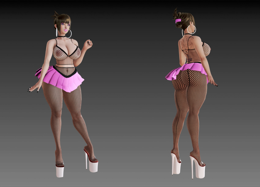 3d 3d_(artwork) back_tattoo big_ass bimbo blue_eyes brown_hair choker fat_ass fishnet_top fishnet_topwear fishnets footwear hair_ornament hairpin high_heels honey_select hoop_earrings ihateasuka large_breasts lipstick long_nails makeup miniskirt original original_character platform_footwear platform_heels simple_background studio_neo tanline tanlines tattoo thick_thighs