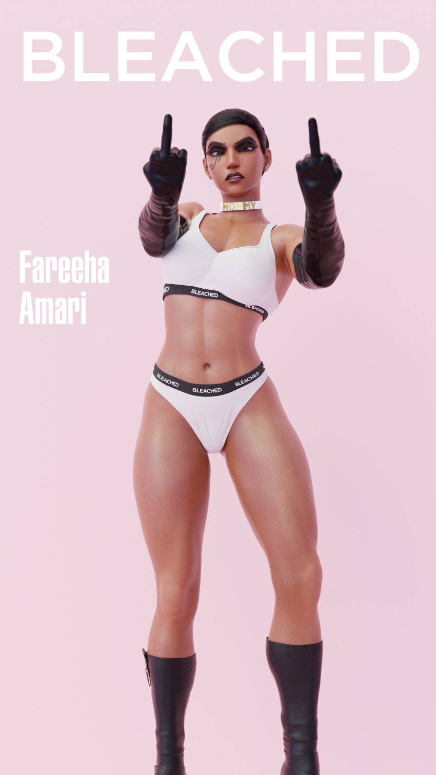 3d bleached bleached_clothing dark-skinned_female dark_hair double_middle_finger egyptian_female eye_tattoo fareeha_amari female female_only flipping_off flipping_the_bird flipping_viewer_off lingerie middle_eastern middle_eastern_female middle_finger overwatch overwatch_2 pharah raceplay solo solo_female