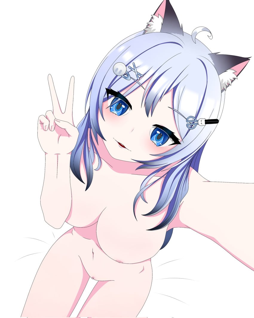 1girl 1girls animal_ears bed blue_eyes completely_nude completely_nude_female grey_hair highres looking_at_viewer nude nude_female peace_sign simple_background virtual_youtuber yukine_olwin