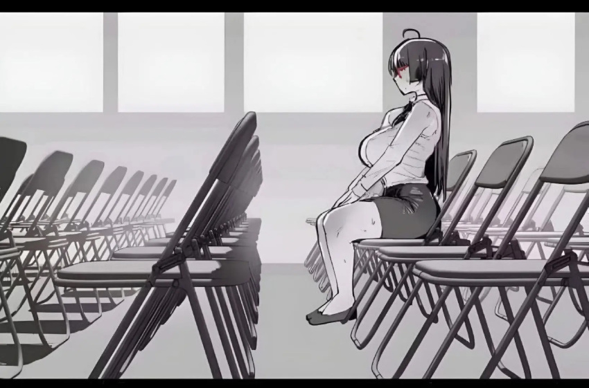 1girls alone chair clothing dildo dress_shirt folding_chair formal_attire formal_wear hidden hime_cut large_breasts long_hair sitting sitting_on_chair sitting_upright skirt sweat sweating white_shirt