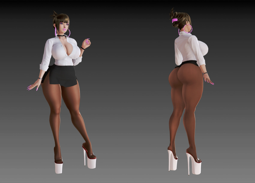 3d 3d_(artwork) big_ass bimbo blue_eyes brown_hair choker cleavage fat_ass footwear hair_ornament hairpin high_heels honey_select hoop_earrings ihateasuka large_breasts lipstick long_nails makeup miniskirt original original_character platform_footwear platform_heels secretary secretary_outfit simple_background studio_neo thick_thighs