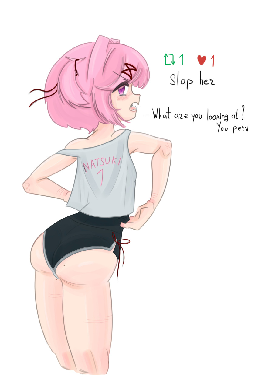 1girls angry ass background booty_shorts butt clothes clothing dialogue doki_doki_literature_club emiillb english_text female female_only hair_intakes heart_icon looking_back natsuki_(doki_doki_literature_club) pink_eyes pink_hair rear_view retweet_icon shorts simple_background solo talking_to_viewer text white_background