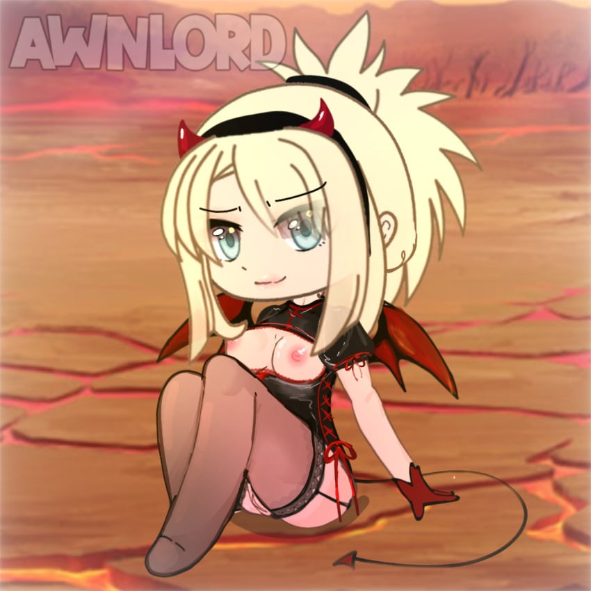 awnlord blonde_hair blue_eyes demon_costume devil devil_horns devil_tail female female_only gacha gacha_club gacha_heat gacha_life gloves lace_stockings looking_at_viewer medium_breasts ponytail sitting solo solo_female stockings