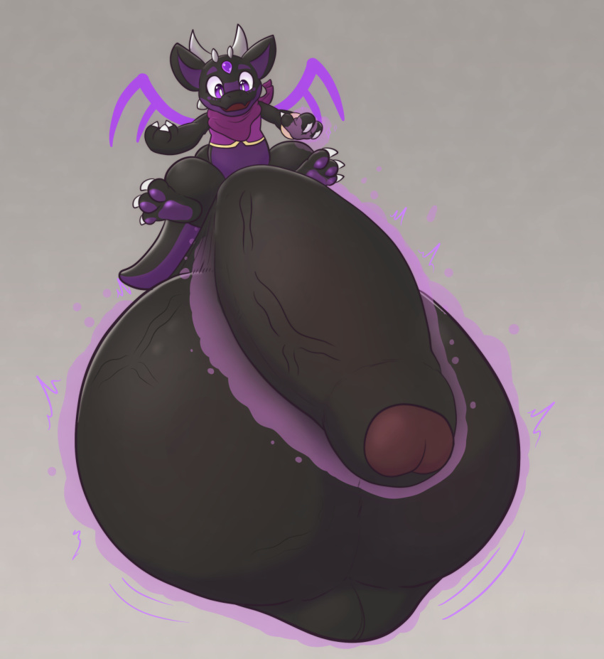 anthro balls big_balls big_penis black_body claws clothed clothing dragon erection fingers gem genitals growth hi_res horn huge_balls huge_cock hyper hyper_balls hyper_genitalia hyper_penis male multicolored_body open_mouth penis purple_eyes purple_gem scalie short_stack shortstack simple_background solo spikes toe_claws vezar_(vezerem) vezerem