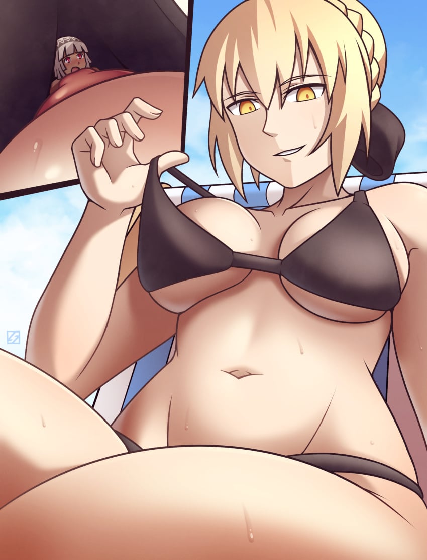 2girls beach black_bra blonde_hair boobs bra female giantess macro micro multiple_girls nipple nipple_bulge nipples thighs trapped_in_bra trapped_in_breasts trapped_in_clothing useless_clothing yuri