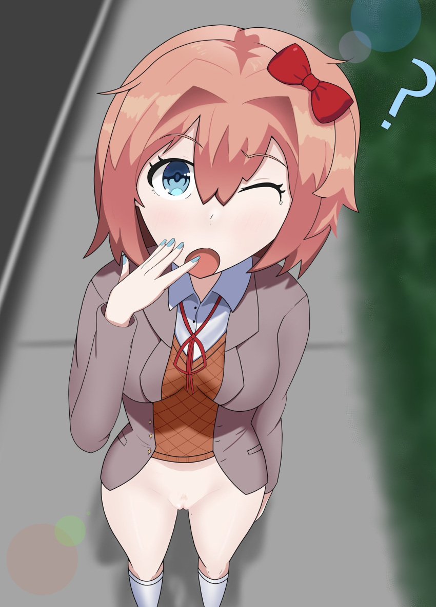 1girls 5_fingers ? blue_eyes blue_nails boobs bottomless bow breasts doki_doki_literature_club epiknis303 eye_closed female fingernails hair_bow hairbow just_sayori mouth_open nail_polish no_panties no_pants no_skirt one_eye_closed open_mouth pussy question_mark red_bow red_hair_bow red_hairbow sayori_(doki_doki_literature_club) shiny shiny_skin shiny_thighs shirt socks strawberry_blonde_hair thighs