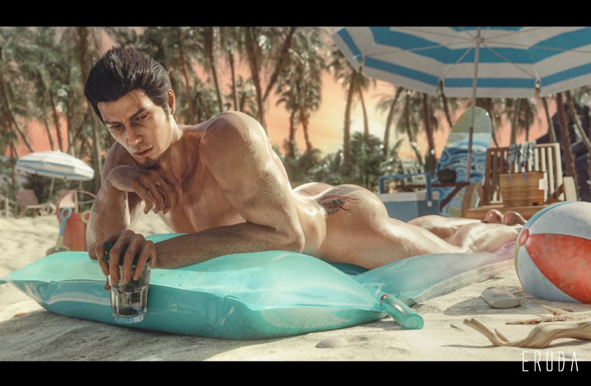 1boy 3d beach black_hair brown_eyes buttocks eruda_rgg island kiryu_kazuma light-skinned_male light_skin lying_on_stomach male male_focus male_only naked nude nude_male nudist_beach relaxing ryuu_ga_gotoku sand_on_ass sega solo solo_male summer tattoo_on_butt yakuza_(series)