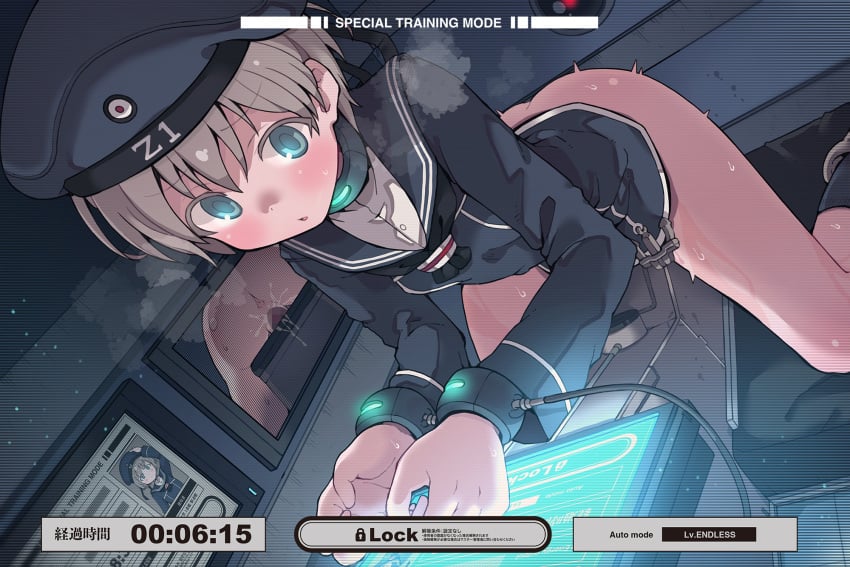 anus ass black_dress black_headwear black_sailor_collar black_socks blonde_hair blue_eyes blush bondage clothes_writing dress es_(eisis) female hat highres kantai_collection long_sleeves restrained sailor_collar sailor_dress sailor_hat short_hair socks solo z1_leberecht_maass_(kantai_collection)