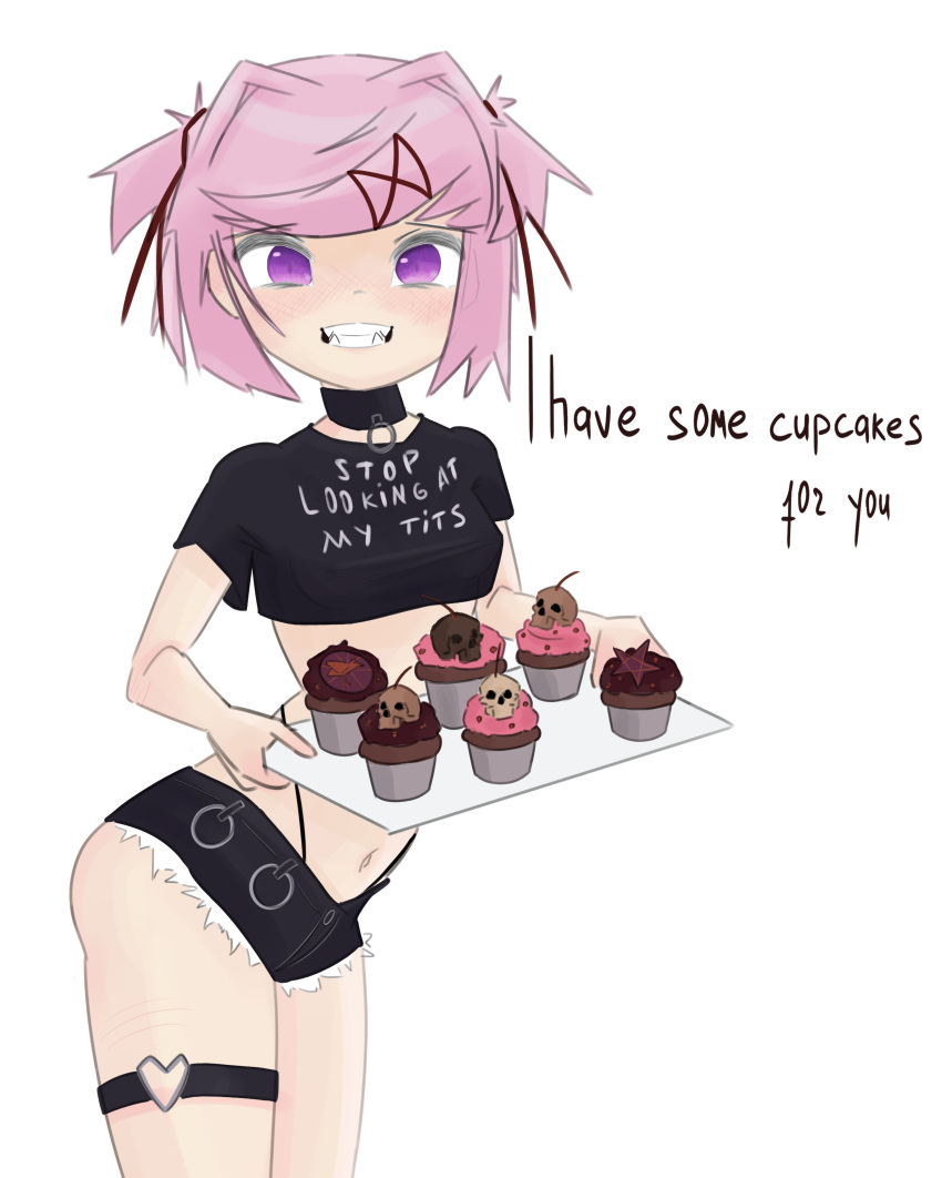 1female 1girls background breasts collar cupcake cupcakes dessert doki_doki_literature_club emiillb english_text fangs fangs_out hair_intakes natsuki_(doki_doki_literature_club) navel pink_eyes pink_hair shorts simple_background smiling tank_top tanktop teeth text text_on_clothes text_on_clothing text_on_tank_top text_on_topwear thong thong_above_shorts thong_straps tits white_background