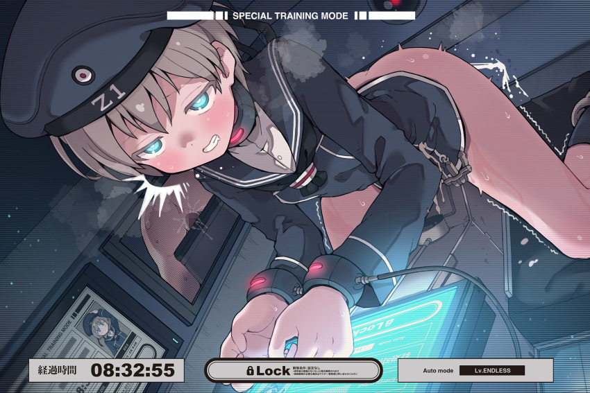 anus ass black_dress black_headwear black_sailor_collar black_socks blonde_hair blue_eyes blush clothes_writing dress es_(eisis) female hat highres kantai_collection long_sleeves restrained sailor_collar sailor_dress sailor_hat short_hair socks solo z1_leberecht_maass_(kantai_collection)