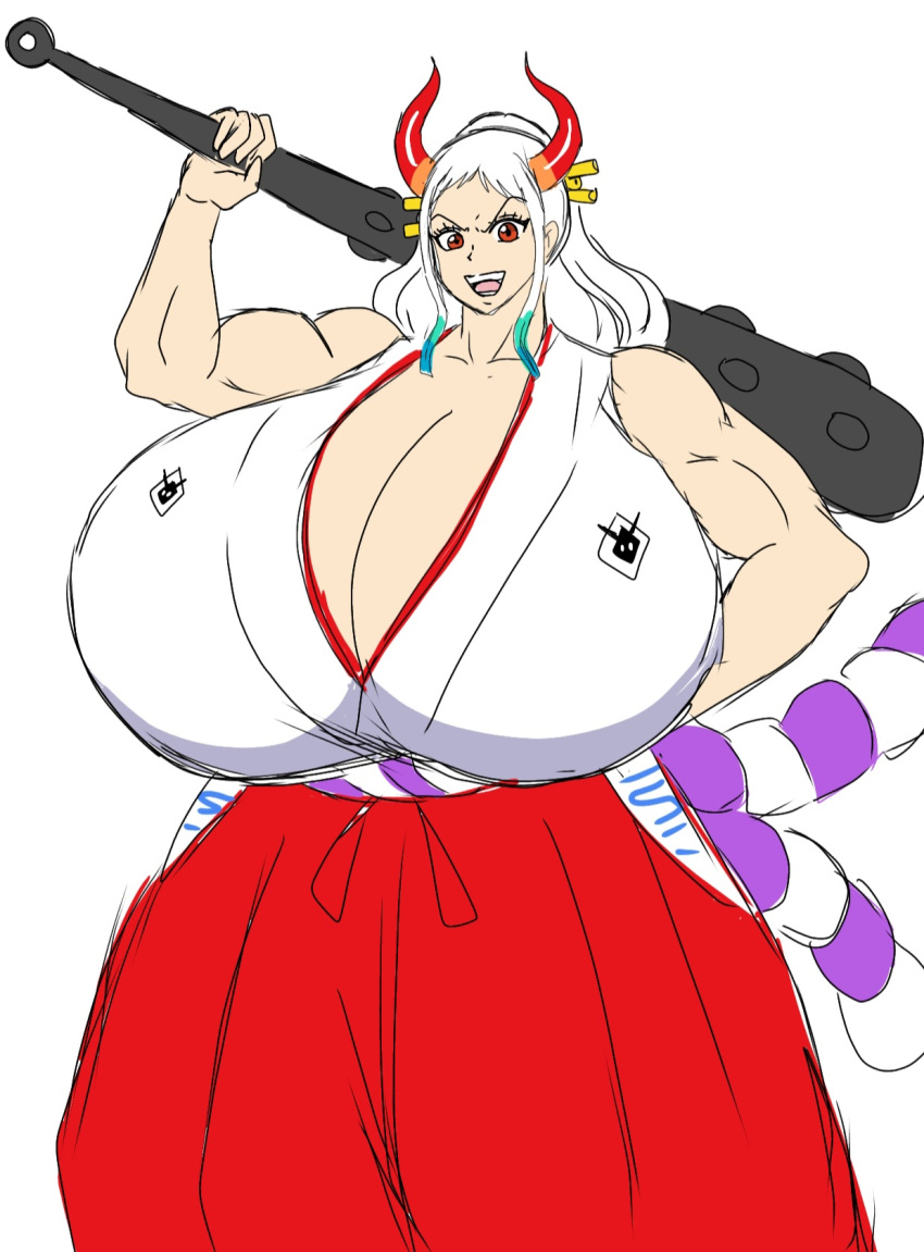 2023 breasts confident confident_smile female female_only kanabou kanabun large_breasts momiji_(artist) multicolored_hair one_piece weapon white_hair yamato_(one_piece)