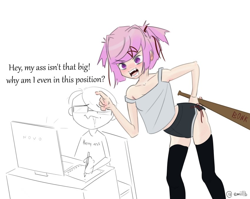 1boy 1girls ass background bat bonk_bat butt doki_doki_literature_club emiillb english_text female holding holding_bat holding_object holding_weapon human male mouth_open natsuki_(doki_doki_literature_club) object open_mouth pink_eyes pink_hair simple_background teeth text weapon white_background