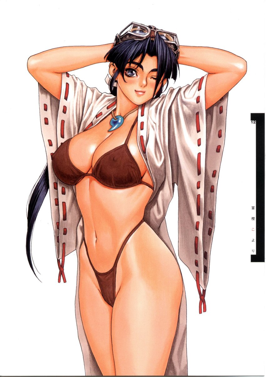 1girls arms_behind_head arms_up atlus bikini bikini_under_clothes blue_eyes blue_hair blush breasts cleavage collar covered_erect_nipples cowboy_shot detached_sleeves female female_only goggles goggles_on_head groin hair_ribbon highleg highleg_bikini highleg_swimsuit highres hip_focus japanese_clothes jewelry kimono large_breasts linea_alba lingerie lips lipstick long_hair long_sleeves looking_at_viewer magatama makeup matching_hair/eyes miko navel necklace nipples official_art one_eye_closed open_clothes open_kimono open_shirt parted_bangs ponytail psikyo red_bikini ribbon ribs scan see-through sengoku_ace sengoku_ace_episode_ii sengoku_blade sengoku_cannon shirt short_hair sideboob simple_background smile solo solo_female standing string_bikini swimsuit swimsuit_under_clothes tengai thick_thighs thighs togashi_koyori toned traditional_media tsukasa_jun underwear very_long_hair white_background wide_sleeves wink