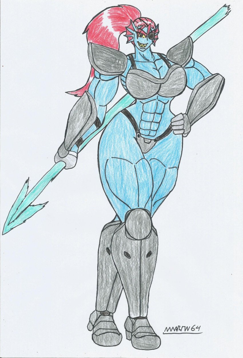 big_breasts big_hips bikini_armor blue_body blue_skin boss_monster eye_patch female female_knight ginger_hair lance marlon64 merfolk muscular_female red_hair smile solo traditional_media_(artwork) undertale undertale_(series) undyne weapon white_background yellow_eyes