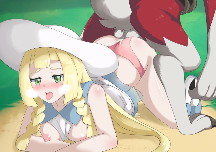 1boy 1boy1girl 1girls all_fours ass balls bent_over blonde_hair breasts clothed_female clothed_sex cum cum_inside doggy_style dominant_feral female female_human/male_feral female_on_feral femsub from_behind green_eyes human human_on_pokemon interspecies knotted lillie_(pokemon) long_hair lycanroc male male_pokemon male_pokemon/female_human maledom midnight_lycanroc nipples nivi no_bra open_mouth panties panties_aside panting pink_panties pokemon pokephilia sex straight tongue tongue_out