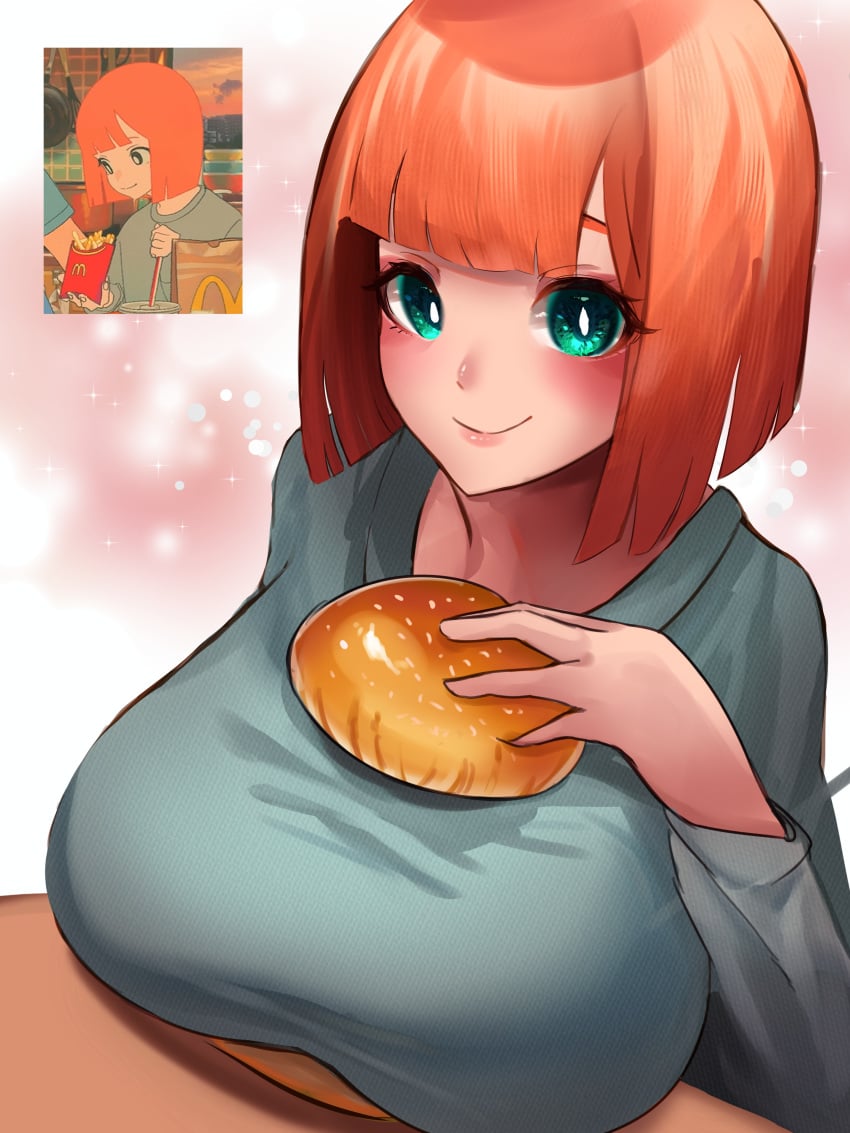 1girls alternate_breast_size big_breasts bob_cut boob_burger breasts busty curvaceous curvy curvy_female curvy_figure female female_only ffroutyaiz french_fries fries green_eyes hamburger huge_breasts large_breasts mcdonald's milf mom_(japanese_mcdonald's_commercial) mother orange_hair reference_image smile smiling solo voluptuous yoru_mac your_order_is_ready_(meme)