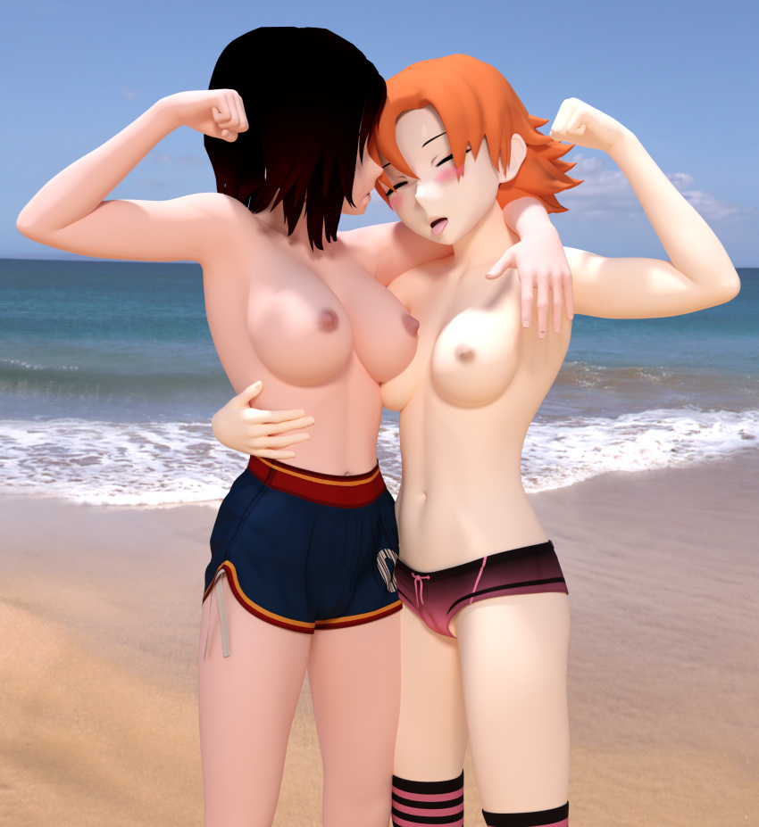 2girls 3d beach bellybutton big_breasts black_hair blush breasts cameltoe color daz_studio exhibitionism female female_only flexing gym_uniform large_breasts light-skinned_female lovingrwby multicolored_hair multiple_girls navel nipples nora_valkyrie ocean orange_hair public public_nudity red_hair rooster_teeth ruby_rose rwby short_hair shorts thighhighs toned_female toned_stomach tongue_out topless topless_female two_tone_hair workout workout_clothes