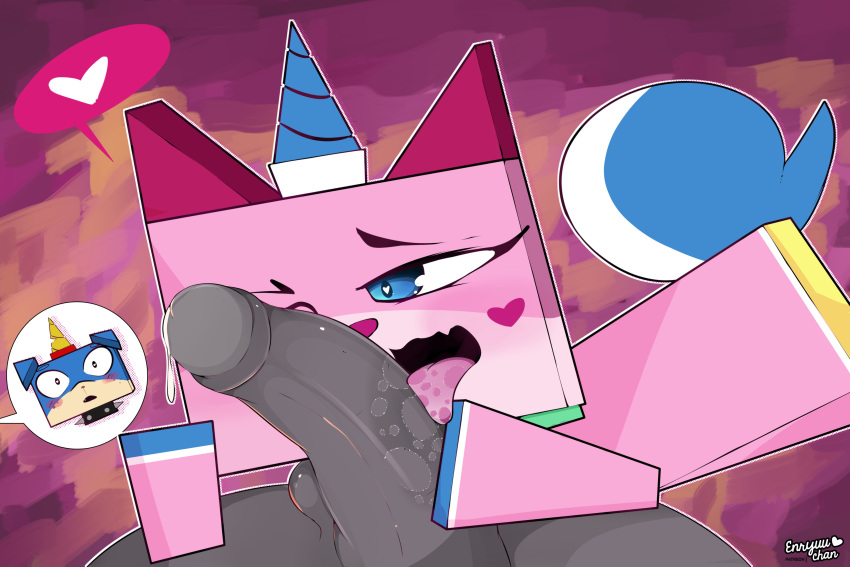 1boy 1girls 2boys anthro blue_eyes blue_horn blush bodily_fluids brother_and_sister enryuuchan female genitals heart horn incest male male/female oral penis puppycorn richard_(unikitty) sex straight tagme tongue tongue_out unikitty unikitty! unikitty_(series)