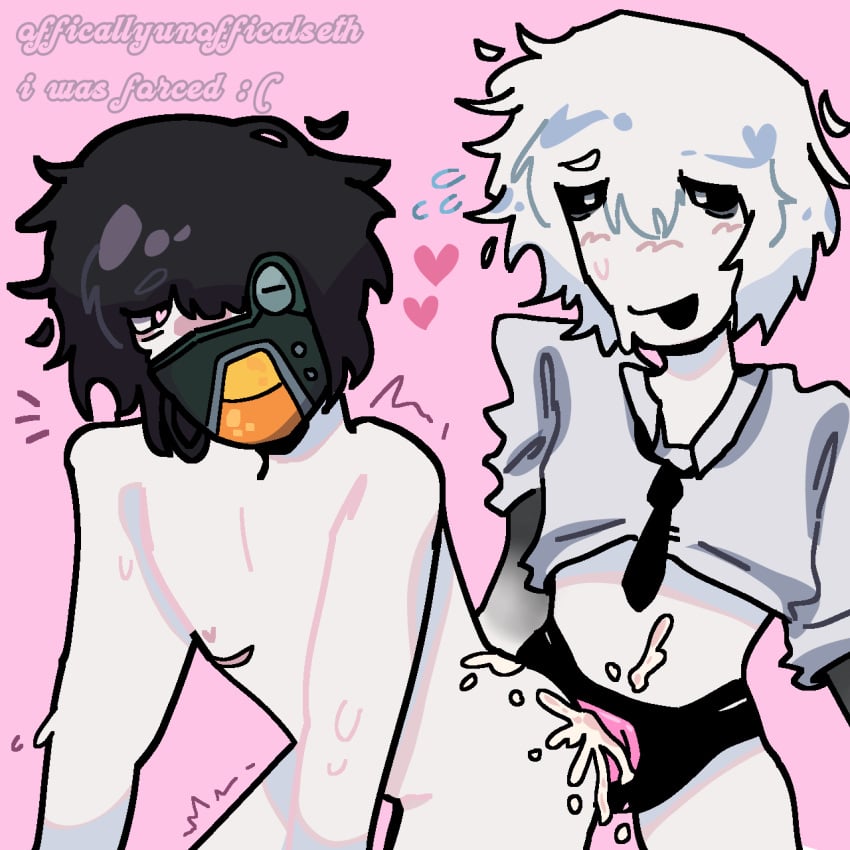 2boys black_hair black_tie blush cum cum_on_ass cuntboy foubreak_(incredibox) heart hearts_in_eyes incredibox mask masked messy orin_ayo pale-skinned_male pale_skin pink_background shaking shirt_lift shirt_up smiling strap strap-on sweat sweatdrop sweater tab_(orin_ayo) white_eyes white_hair