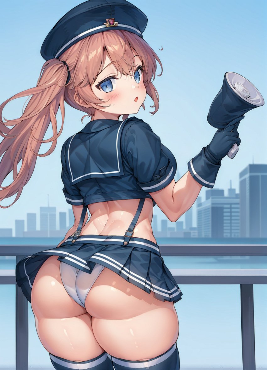 ai_generated alternate_eye_color ass ass_focus blue_eyes blush breasts brown_hair curvy female from_behind gloves goddess_of_victory:_nikke hat huge_ass long_hair megaphone miniskirt miranda_(nikke) open_mouth panties police police_uniform policewoman shiny shiny_clothes shiny_hair shiny_skin skirt solo suspenders thick_thighs thighhighs twintails very_long_hair wind_lift