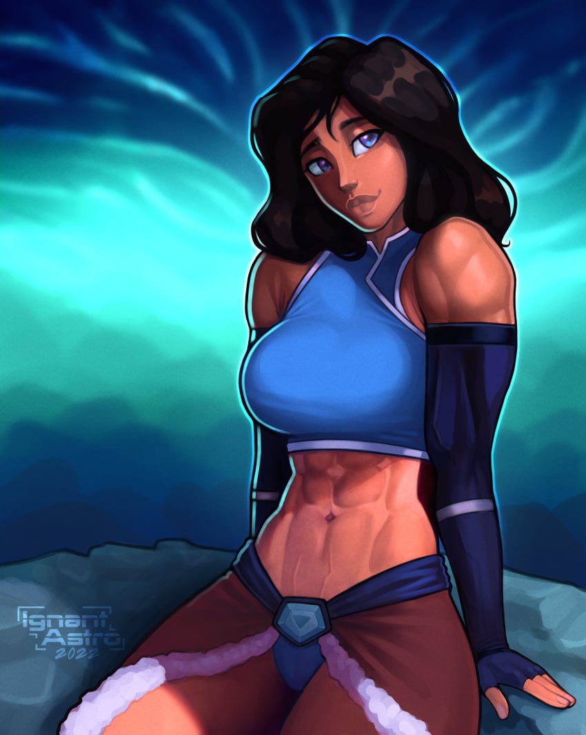 1girls 2020s 2022 abs absurd_res adorable arm_sleeves artist_signature avatar_legends bare_legs bare_shoulders big_breasts bikini_bottom blue_eyes brown_hair busty confident cute dark-skinned_female female female_only female_protagonist fingerless_gloves fully_clothed hair_down head_tilt highres ignantastro korra long_hair looking_at_viewer midriff midriff_baring_shirt midriff_focus pelt pinup posing sitting six_pack skirt smile solo solo_female straight_hair tank_top the_avatar the_legend_of_korra toned_female upper_body water_tribe