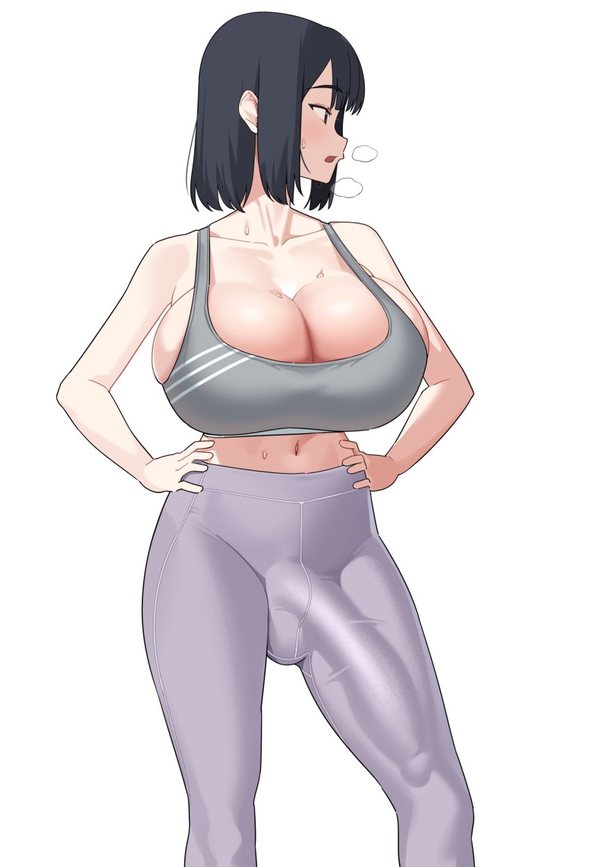 1futa balls black_hair breasts clothed clothing erection fully_clothed futa_only futanari gomu_(artist) han_jihye han_jihye_(gomu) huge_breasts huge_cock human light-skinned_futanari light_skin original original_character penis short_hair simple_background solo solo_futa sports_bra sportswear standing thick_thighs tight_clothing yoga_pants younger_female