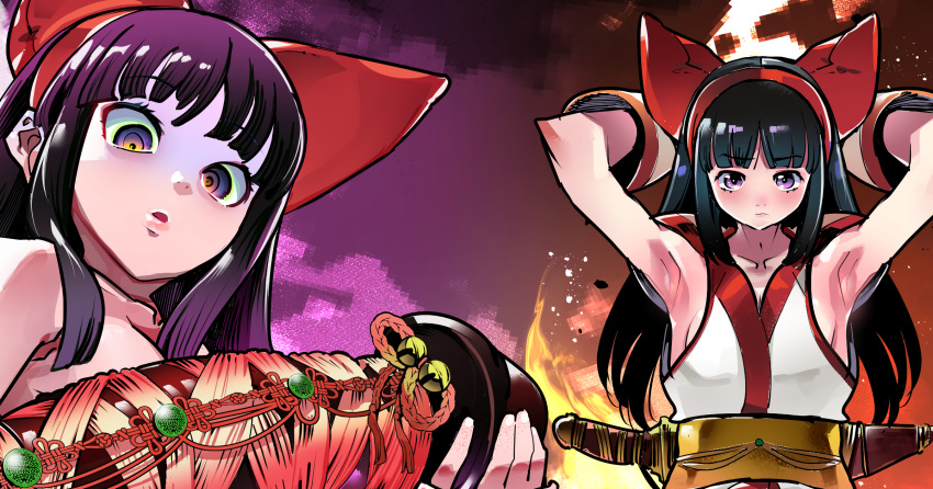 1girls ainu_clothes arms_behind_head black_hair breasts dildo female female_only hair_ribbon hi_res huge_dildo implied_nudity kemonono king_of_fighters long_hair looking_at_viewer nakoruru no_bra open_mouth pink_lipstick pose posing purple_eyes samurai_shodown sensual sex_toy sexy_armpits sideboob small_breasts snk solo surprised weapon