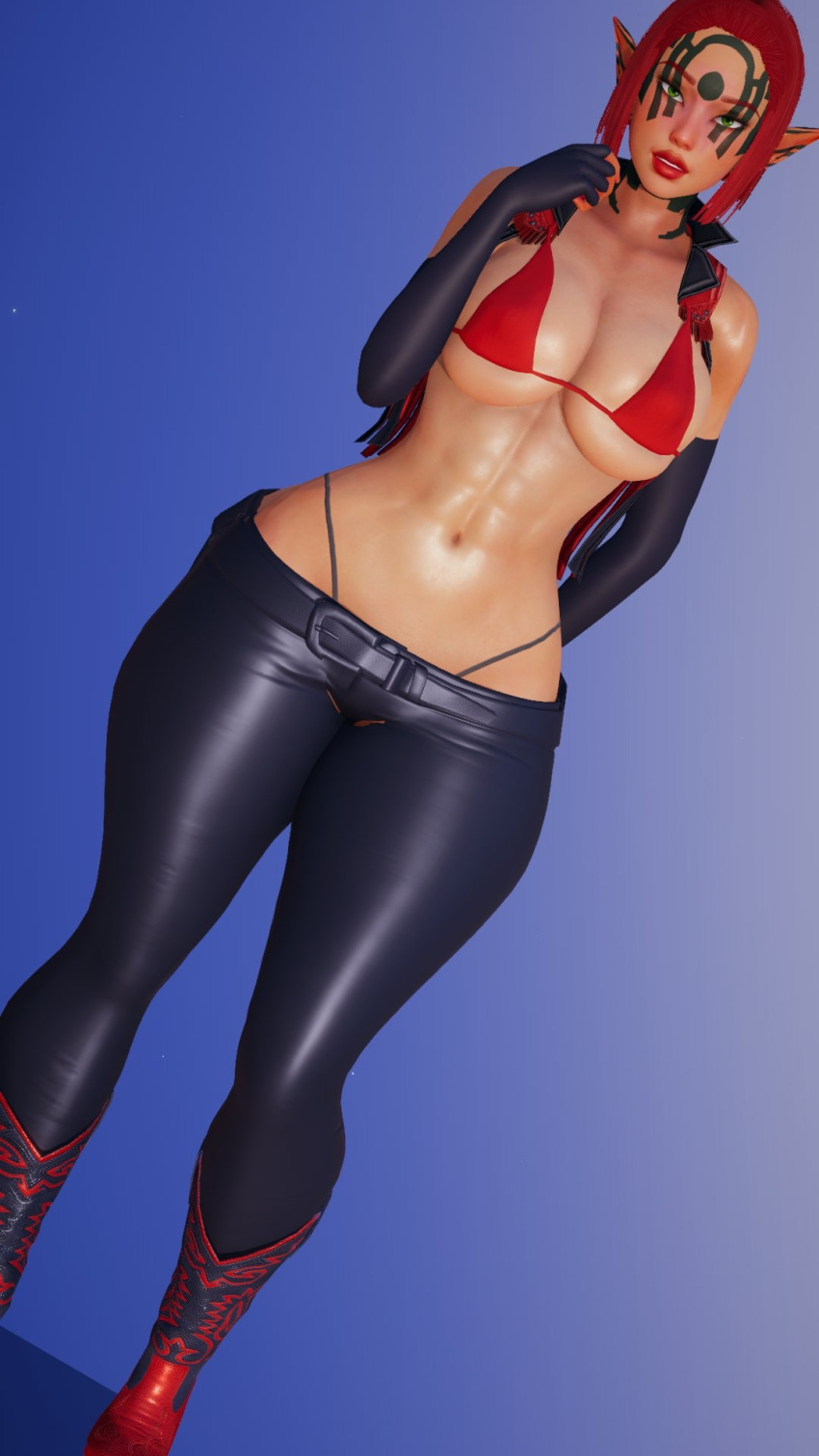 1girls 3d abs artist_request ashelin_praxis big_breasts bikini bikini_top bikini_top_only busty child_bearing_hips cleavage curvy female female_only gloves green_eyes hi_res jak_and_daxter jeans large_breasts legs lipstick looking_at_viewer midriff navel pants pointy_ears pose posing red_hair red_lipstick sensual smile solo thighs thong thong_above_pants toned voluptuous