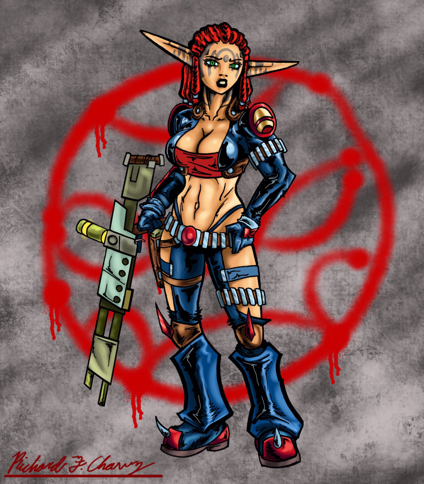 1girls ashelin_praxis big_breasts black_lipstick busty cleavage female female_only gloves green_eyes gun jak_and_daxter jeans large_breasts legs lipstick looking_at_viewer midriff navel pants pointy_ears pose posing red_hair sensual solo thighs thong thong_above_pants toned voluptuous weapon