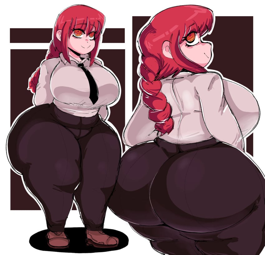 ass_focus back_view big_ass big_breasts black_pants breasts bubble_butt chainsaw_man closed_mouth dork_boi female huge_ass lewd_dorky makima_(chainsaw_man) multicolored_eyes red_hair shortstack smile thick_thighs tie wide_hips