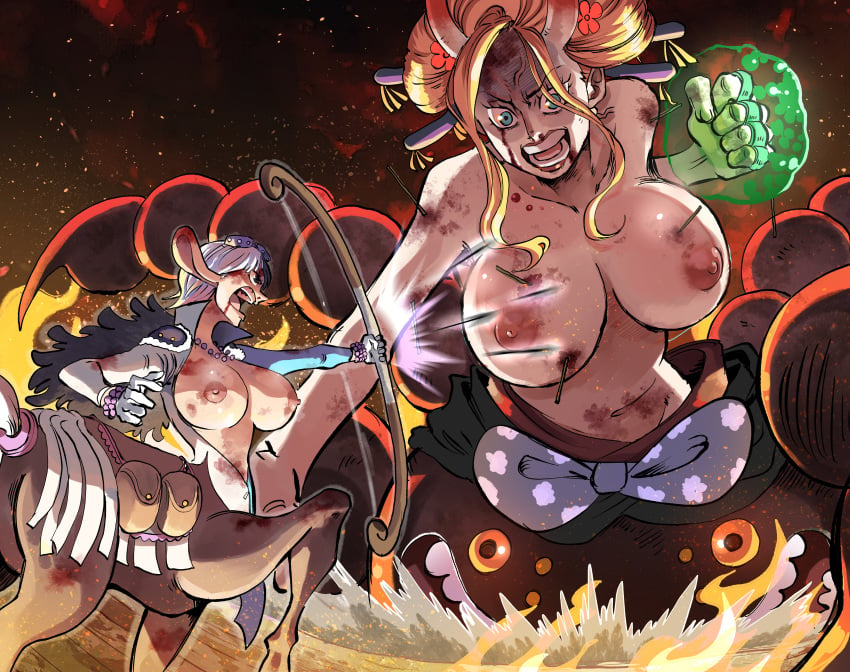 2girls arrows beast_pirates black_maria blonde_hair brass_knuckles breasts_out centaur cidades female female_only fight geisha giant_breasts giantess horn horns jorogumo kimono kimono_down large_breasts multiple_girls nipples oiran one_piece short_hair speed_(one_piece) spider_girl wano_country white_hair youkai