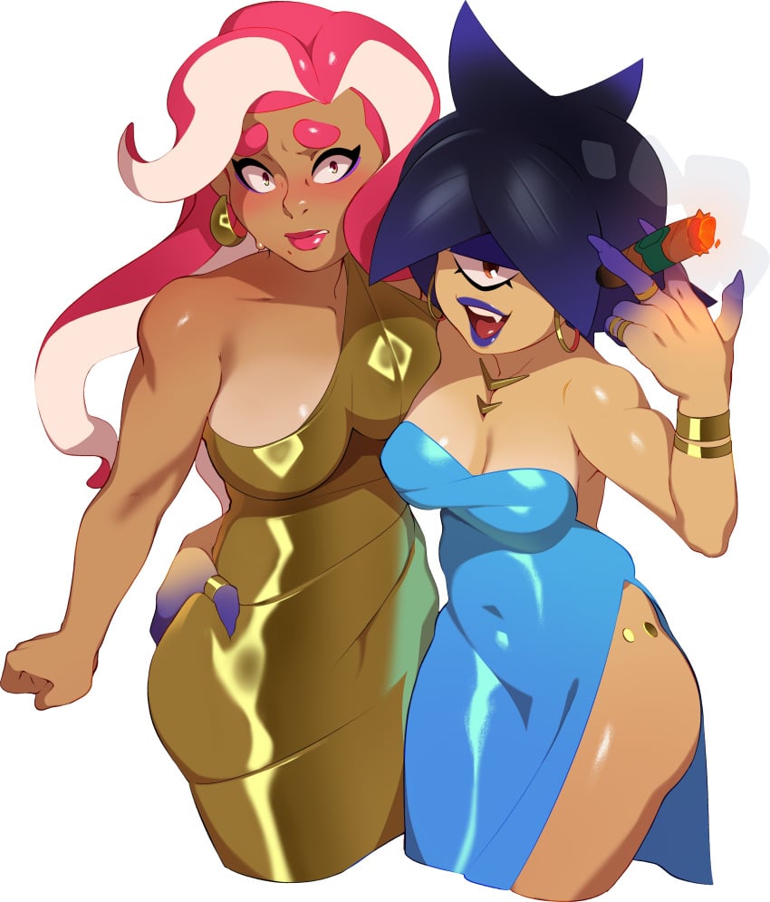 1futa 1girls absurd_res black_hair blue_dress blue_lipstick blush cigar combos-n-doodles cyclops dark-skinned_futanari dickgirl dress female futanari gold_dress highlights_(coloring) looking_at_viewer makeup motoni_shimata narrowed_eyes nintendo octoling pink_hair pink_lipstick purple_fingers purple_highlights smiling smiling_at_viewer splatoon splatoon_2 takoko_yakisoba_(combos_&_doodles) tentacle_hair white_background