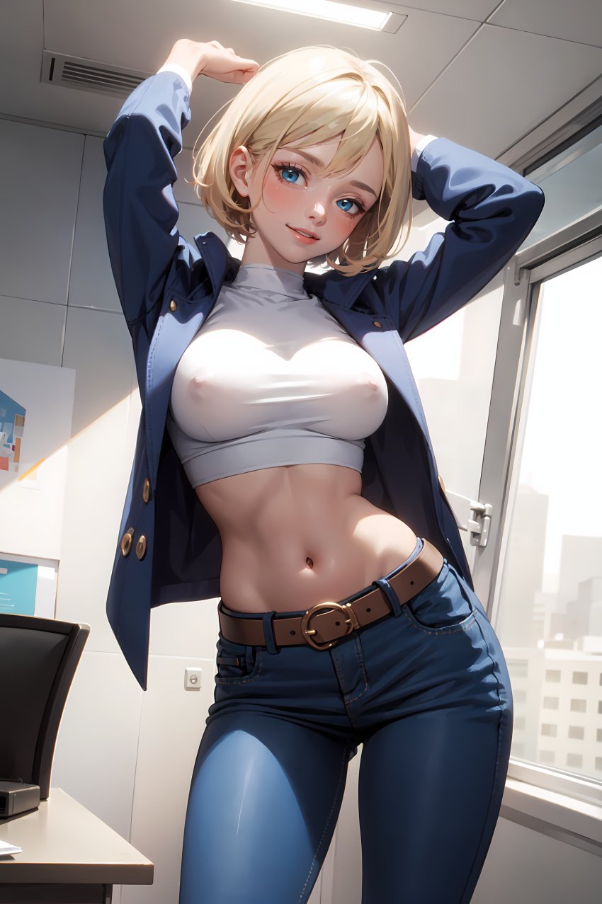 1girls abdomen ai_generated bare_midriff belly belt blonde_hair blue_eyes blush bob_cut bob_hair cleavage coat covered_nipples erect_nipples female female_only front_view happy hips jeans large_breasts mature_female navel office office_lady pixai seductive_face seductive_smile short_hair slim_body stomach turtleneck white_top