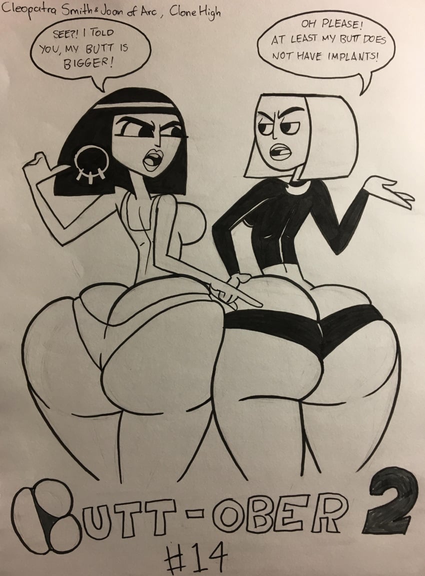 2d 2girls ass ass_focus ass_to_ass big_ass big_breasts bob_cut bottom_heavy cleopatra cleopatra_smith clone_high darkmoontoons earrings english_text fat_ass female female_only hand_on_hip huge_ass joan_of_arc_(clone_high) looking_at_another monochrome open_mouth panties traditional_art traditional_media_(artwork) uncolored