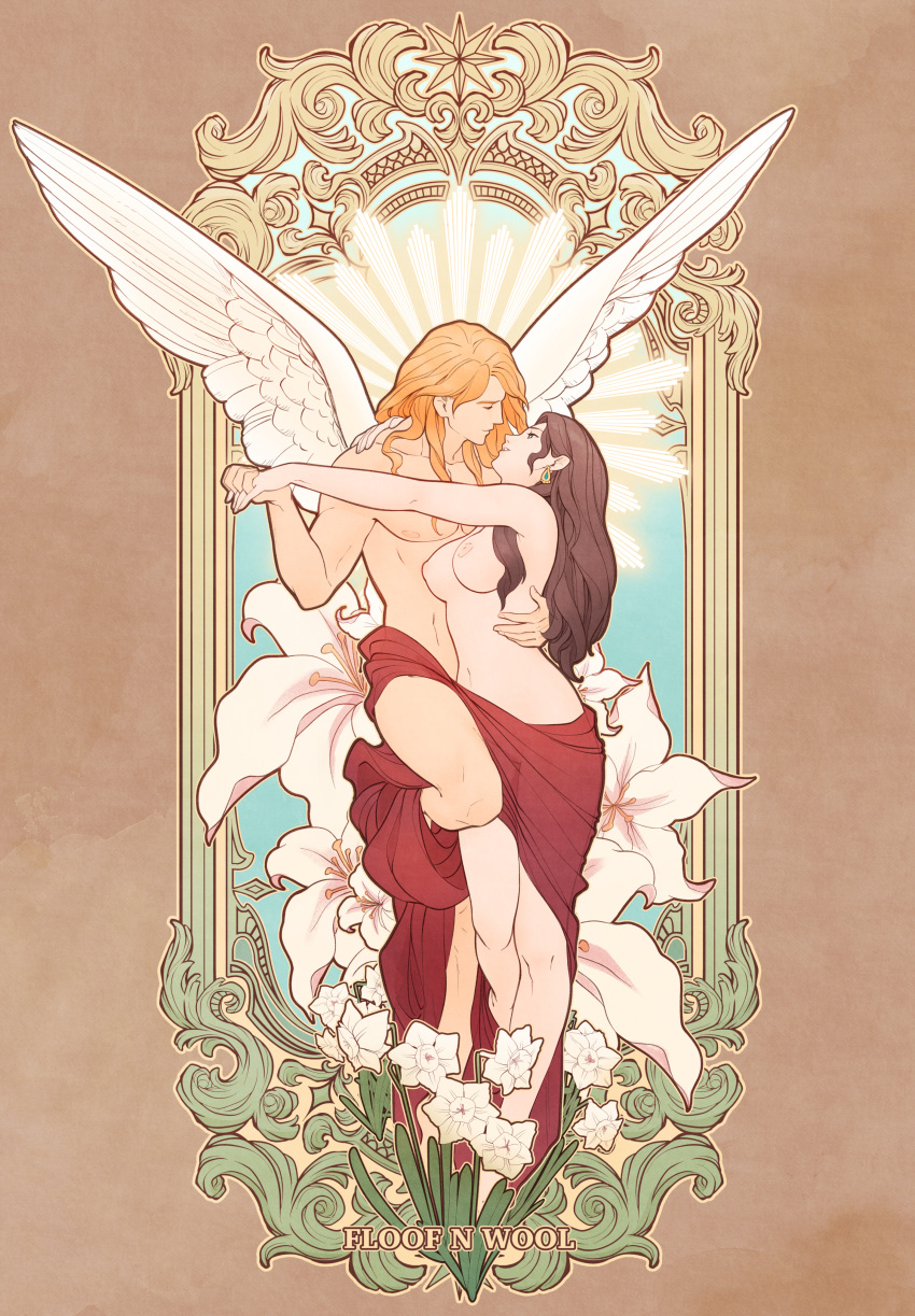 1boy 1girls 2023 absurdres angel_wings arm_around_back art_nouveau artist_name breasts brown_hair detailed_background dorothea_arnault ear_piercing earrings female ferdinand_von_aegir fire_emblem fire_emblem:_three_houses floof_n_wool flower green_eyes hetero highres holding_hands jewelry large_breasts light-skinned_female light-skinned_male light_skin long_hair male nintendo nipples nude nude_female nude_male orange_hair post-timeskip sarong straight topless topless_male watermark wings