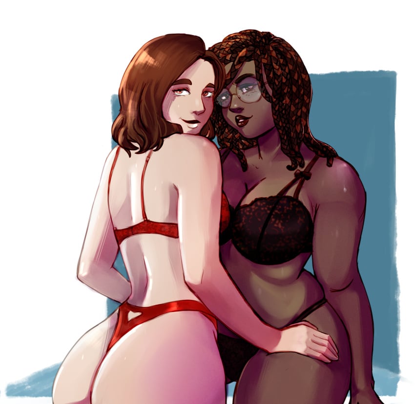 2girls artist_request big_ass big_breasts big_butt black_lingerie bra brown_eyes brown_hair chocolate_and_vanilla cleavage curvy dark-skinned_female glasses golden_eyes hand_on_another's_thigh interracial interracial_yuri kaneeka_forsyth light-skinned_female lingerie lingerie_only long_hair looking_at_viewer looking_back looking_back_at_viewer looking_over_shoulder red_hair red_lingerie red_thong redhead round_glasses scarlet_hollow smiling stella_richmond thong yuri