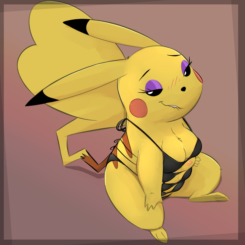 1girls 2023 8_breasts anthro anthro_only black_sclera blush bra breasts cleavage eyelashes female female_only generation_1_pokemon honeymono long_tail looking_at_viewer nintendo nipples panties paws pikachu pokémon_(species) pokemon pokemon_(species) pokemon_rgby presenting presenting_nipple simple_background small_breasts tail white_eyes yellow_body yellow_fur