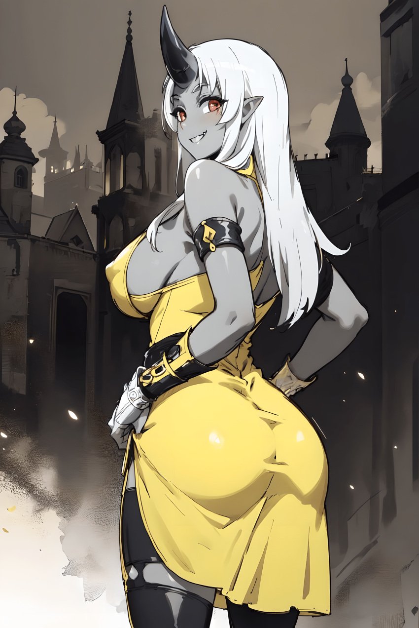 1female 1girls ai_generated ara_ara before_and_during_pregnancy big_ass big_breasts big_thighs breasts cocktail_dress concept_art feet female_monster furr_app hairy legs looking_back milf mommy mommy_kink monster monster_girl monster_musume monster_musume_no_iru_nichijou mother ogre_girl oni oni_female oni_horns outfit party_dress tall_female tall_girl taller_female taller_girl tionishia_(monster_musume)