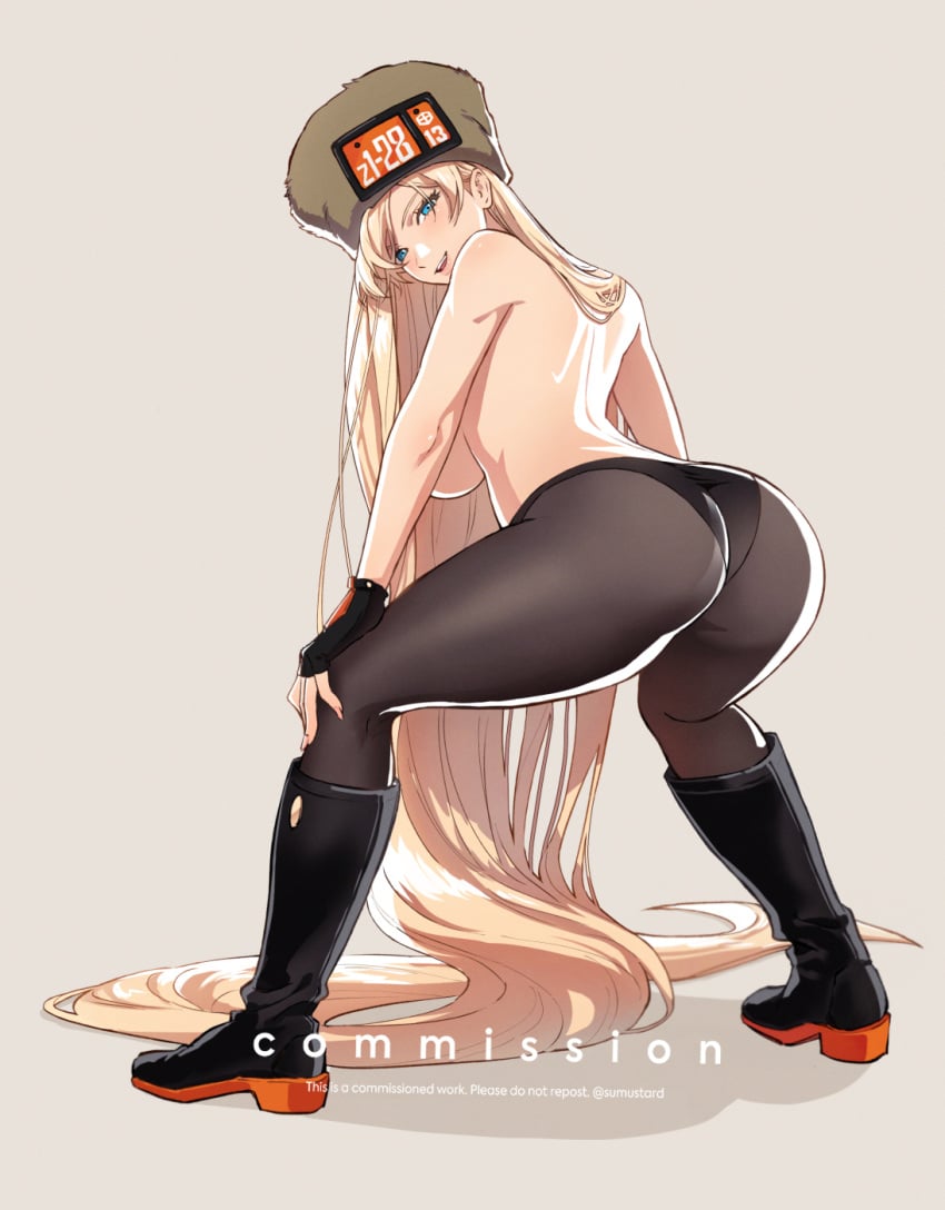 ass black_panties dat_ass guilty_gear guilty_gear_strive lingerie long_hair looking_at_viewer millia_rage pantyhose sumustard topless yellow_hair