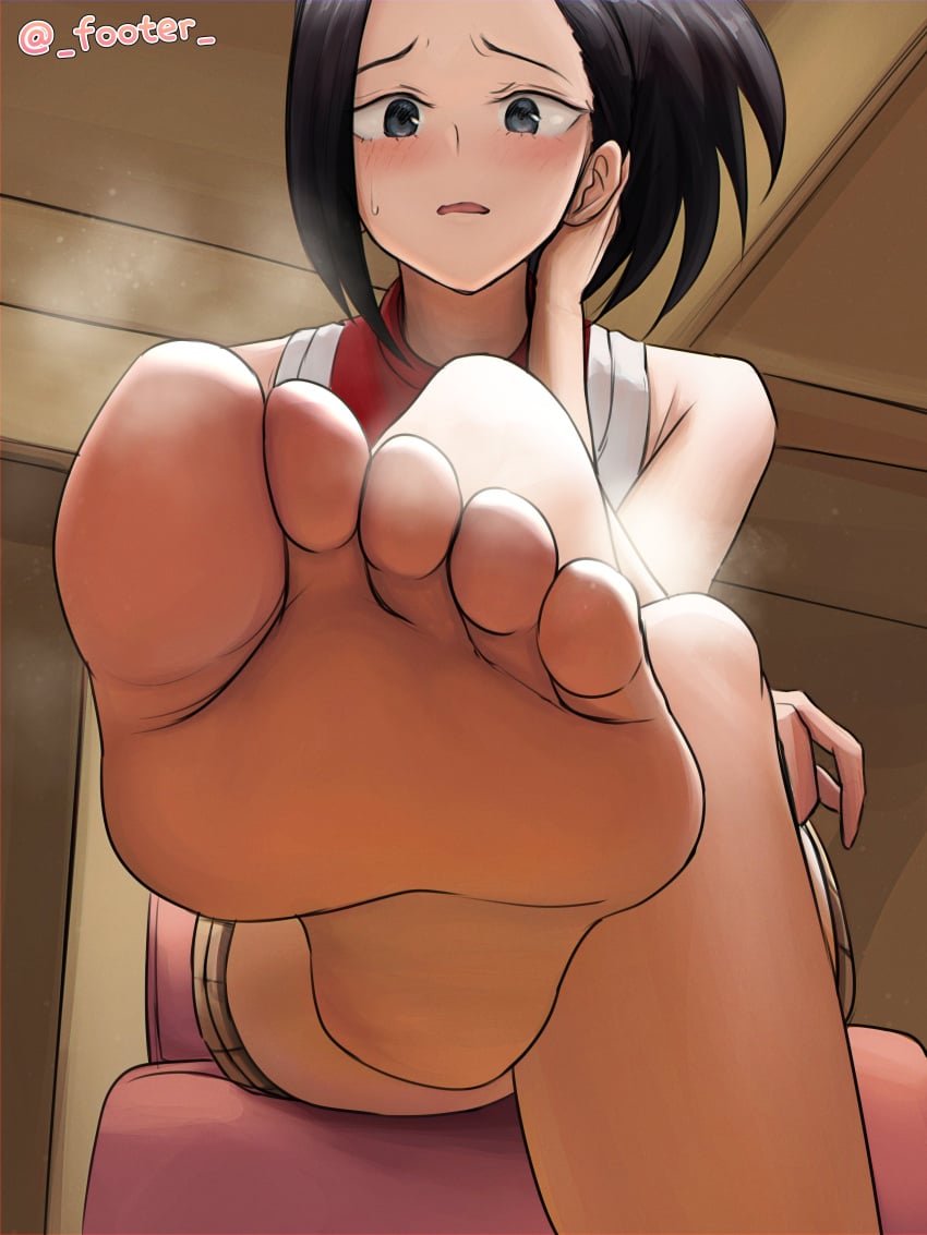 1girls absurd_res barefoot black_eyes black_hair blush crossed_legs embarrassed feet feet_up female female_only foot_fetish foot_focus footer@unyaaan from_below highres looking_at_viewer looking_down momo_yaoyorozu my_hero_academia pale-skinned_female pale_skin ponytail presenting_feet sitting soles solo solo_female solo_focus steam sweatdrop toes