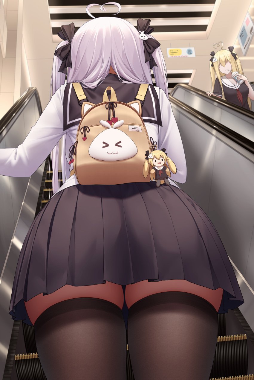 2girls ahoge back_view bag escalator female female_only hair_ribbon hi_res highres indoors long_hair long_sleeves niliu_chahui original ribbon school_uniform shirt skirt stairs standing thick thick_thighs thighhighs tokisaki_asaba tokisaki_mio twintails voluptuous white_hair white_shirt wide_hips zettai_ryouiki