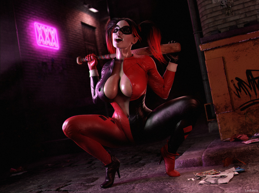 1girls 3d 3d_(artwork) areola_slip baseball_bat batman:_arkham_knight batman_(series) big_breasts bodysuit cleavage dc dc_comics female female_only harley_quinn harley_quinn_(classic) harley_quinn_(injustice) high_heels injustice_2 lecherix nipple_bulge open_bodysuit pigtails pokies solo squatting voluptuous voluptuous_female